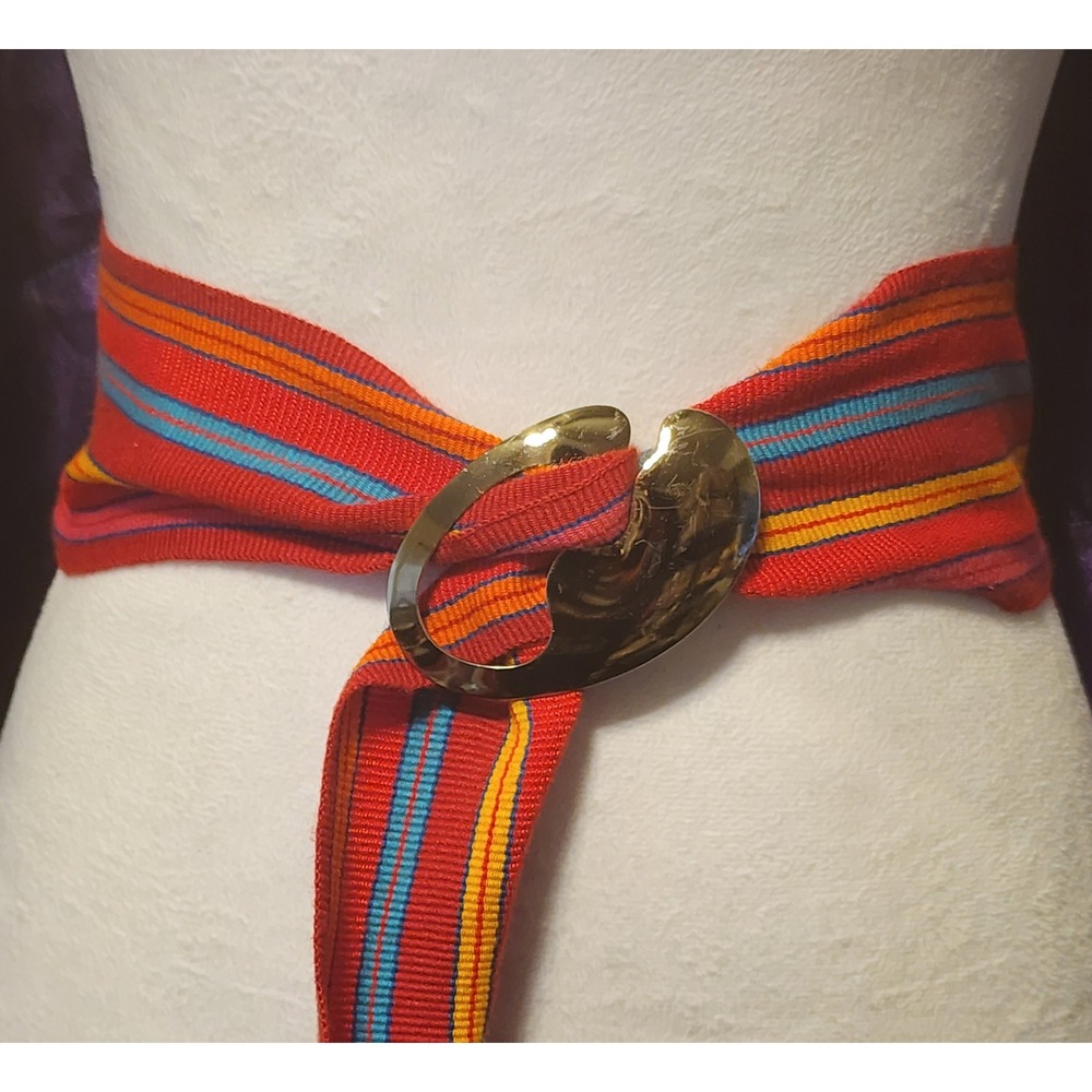 Vintage Red Multi Stripe Sash Belt Abstract Gold Tone Buckle Wide Cinch Size M